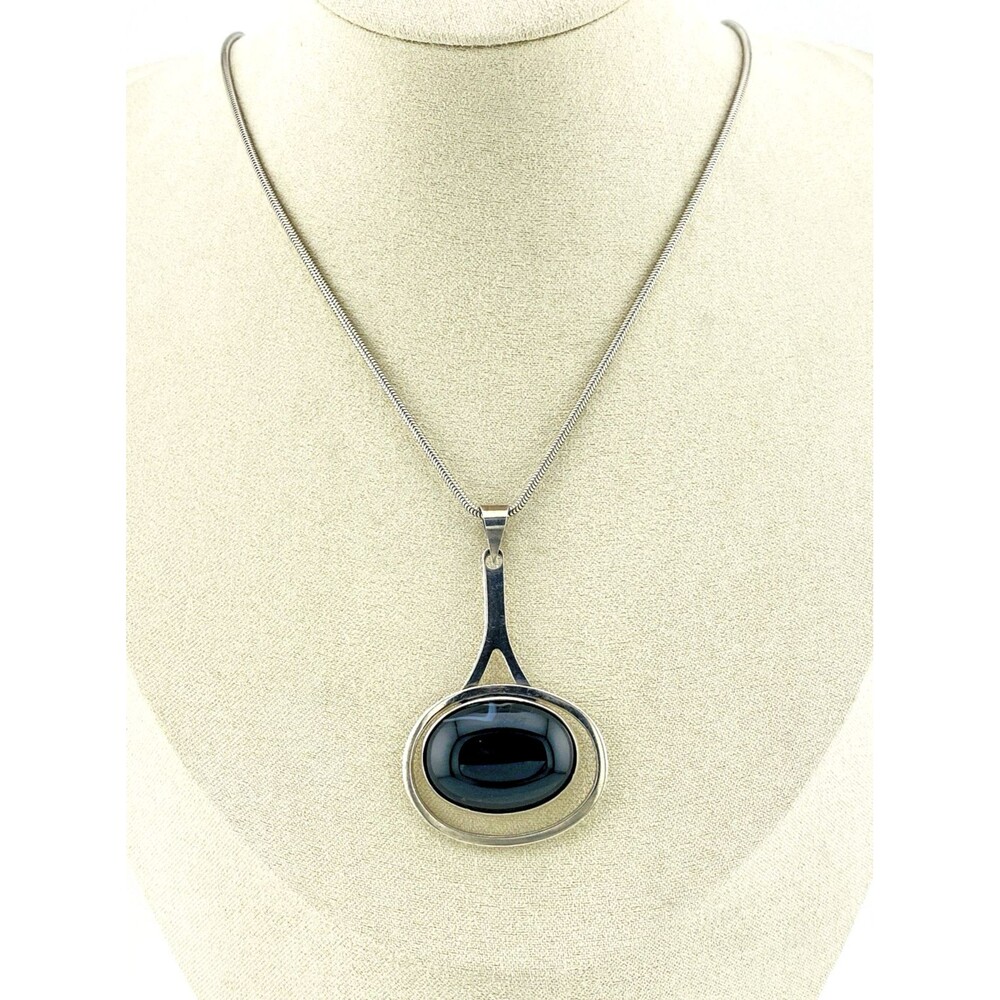 Vintage Modernist Sterling Silver Black Onyx Pendulum Pendant Necklace
